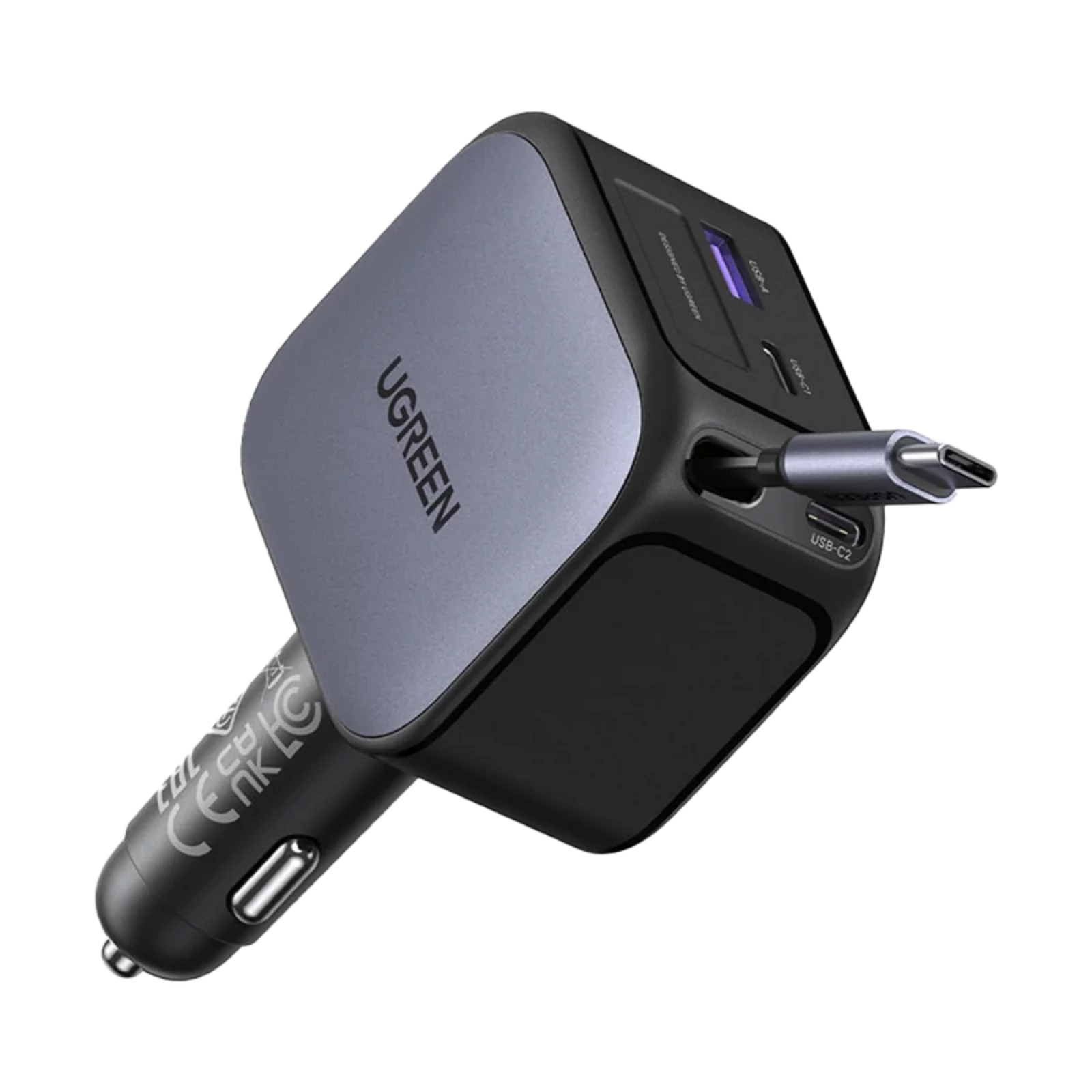 شاحن سيارة يوجرين بسلك قابل للسحب بمنفذين usb-c ومنفذ usb وبقوة 145 واط - رمادي